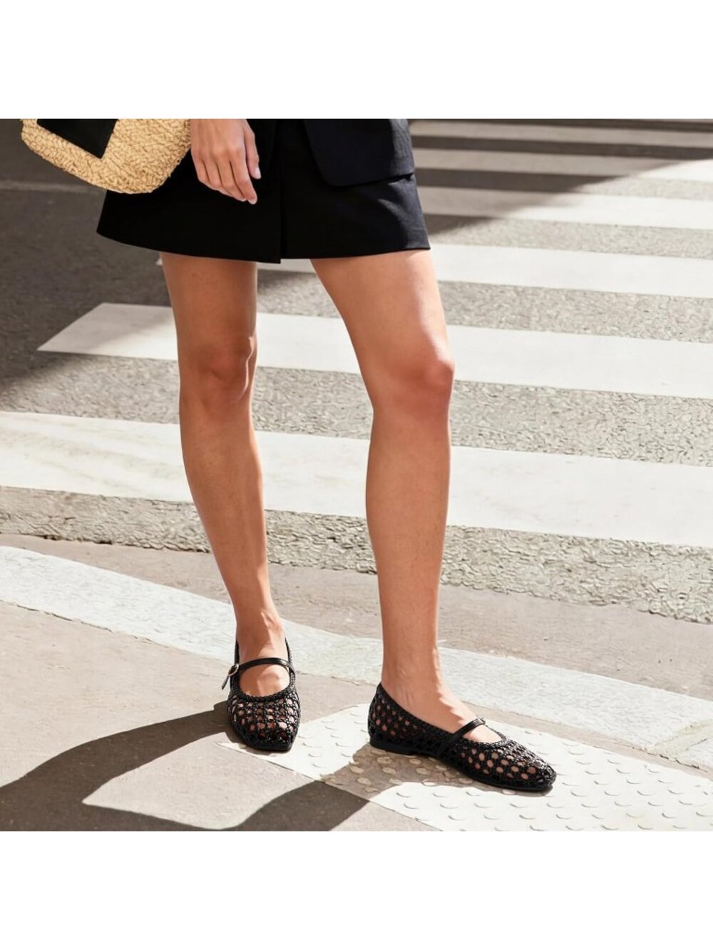 Women's Woven Mesh Ballet Flats Black Square Toe Mary Jane Dressy Shoes - Picture 3 of 6